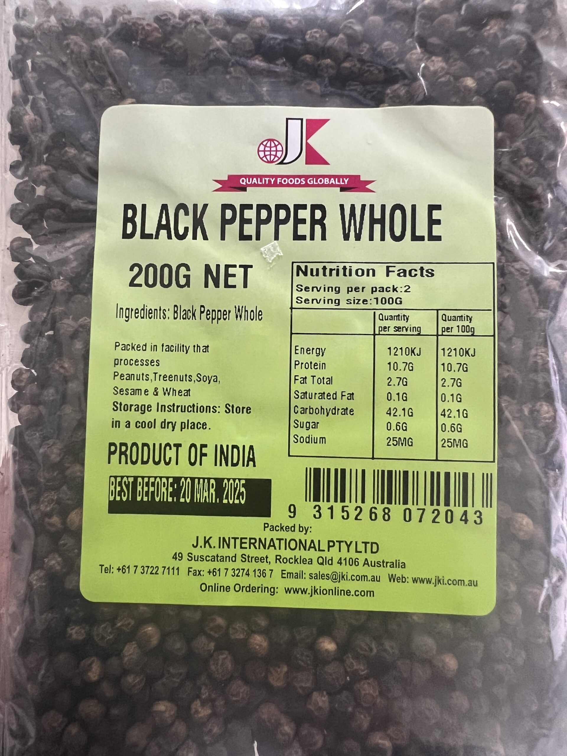 JK Black Pepper Whole 200g